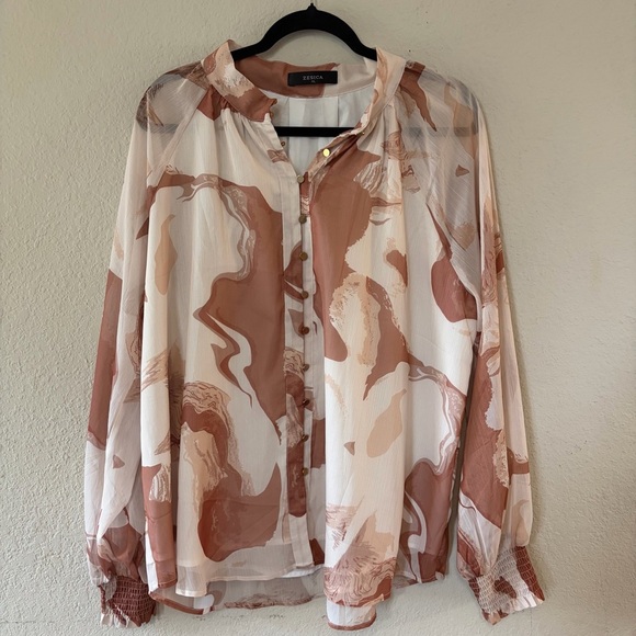 Zesica Tops - Zesica woman’s Cream & Brown Marble-Print Button Down Blouse size XL office